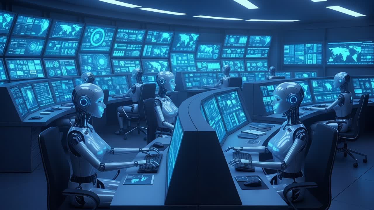 Futuristic Control Room with Advanced Robots Monitoring Data Interfaces in a High-Tech Environment Featuring a Sleek and Organized Layout