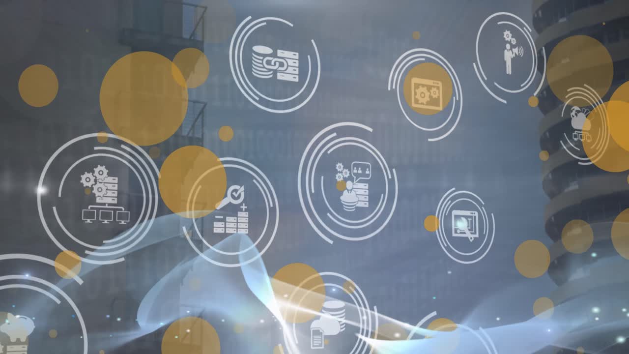 아이콘과 범위 스캔과 함께 연결 네트워크를 통해 빛의 반점의 애니메이션