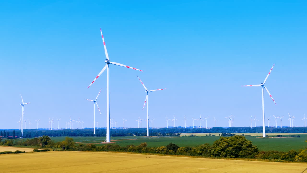 Aerogeneratori svettano alti in campi verdi. Gli aerogeneratori ruotano nei campi sotto un cielo azzurro. La scena mostra l'energia rinnovabile in una zona rurale.