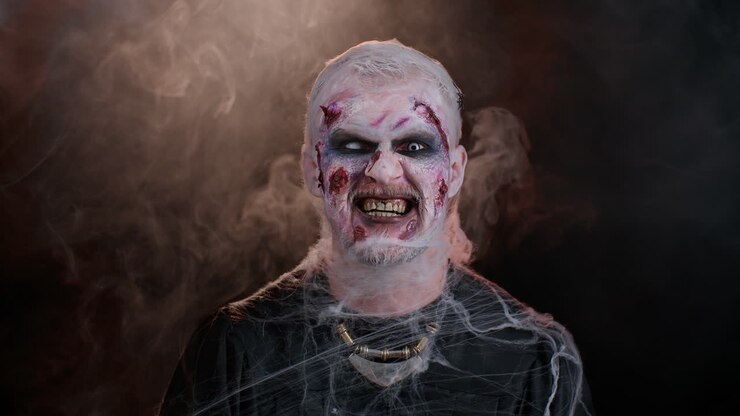 Uomo zombie con ferite cicatrici e lenti a contatto che guarda la telecamera clicca i denti cercando di spaventare
