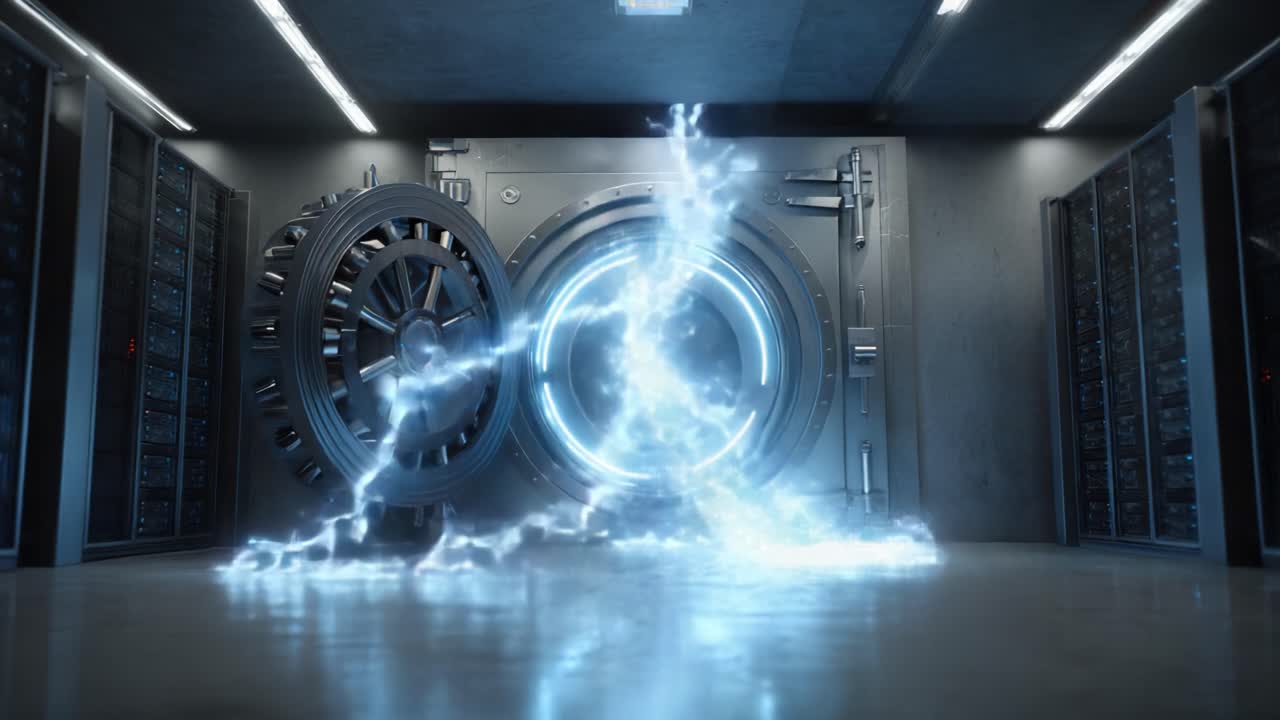 Stunning futuristic data center bathed in blue lightning inside a massive bank vault, symbolizing powerful, secure cybersecurity, encrypted storage, and next gen digital protection