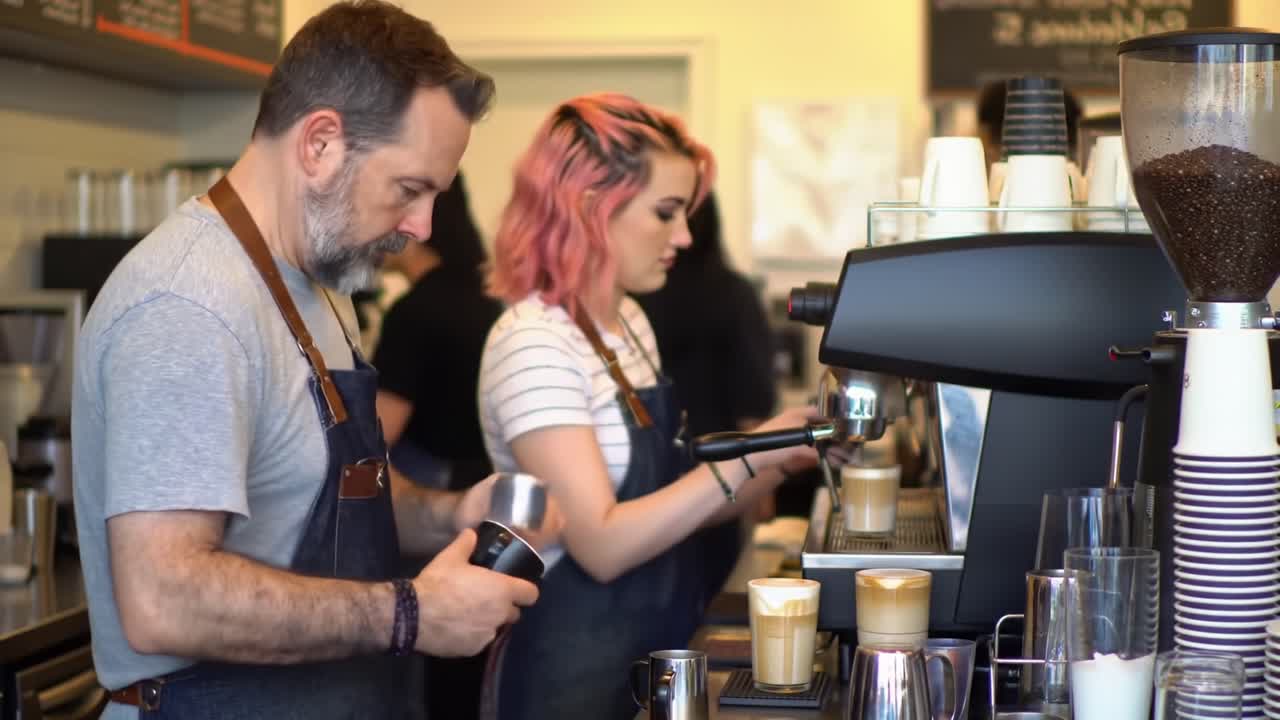 Una scena dinamica di una caffetteria con baristi che preparano abilmente bevande e interagiscono in un vivace ambiente da bar