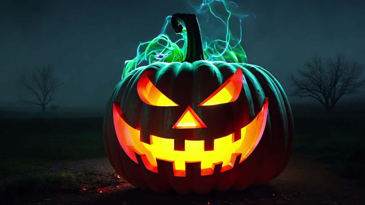 una espeluznante calabaza de halloween con ojos brillantes
