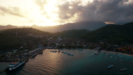 Scenic-Sunset-Glow-Over-Padang-Bai-Harbour-Town-In-East-Bali,-Indonesia