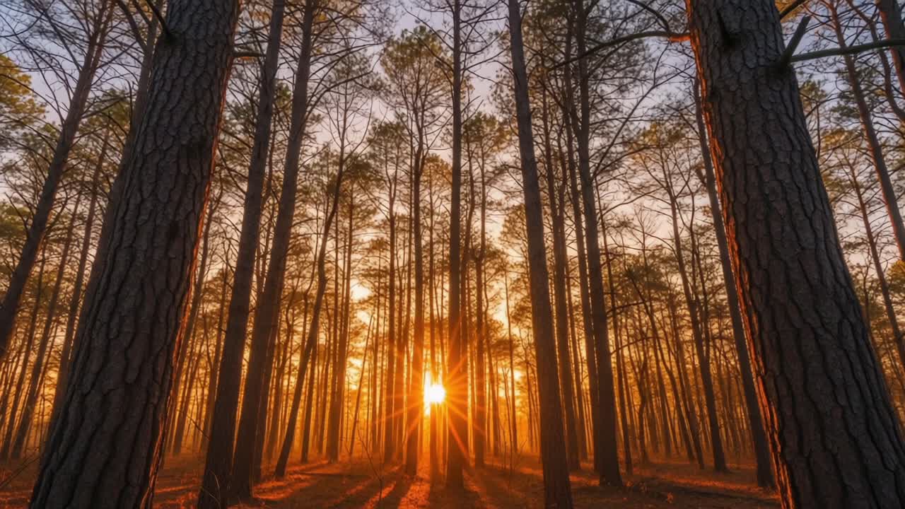 A Captivating Sunrise Through a Dense Forest of Tall Pines, Bathed in Warm Golden Light, Creating a Serene and Enchanting Atmosphere in Nature's Embrace