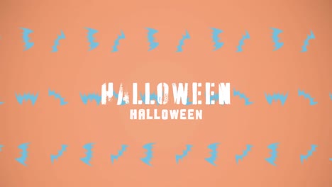 Animation-Von-Halloween-Gruß-Und-Fledermäusen,-Die-Auf-Orangefarbenem-Hintergrund-Schweben