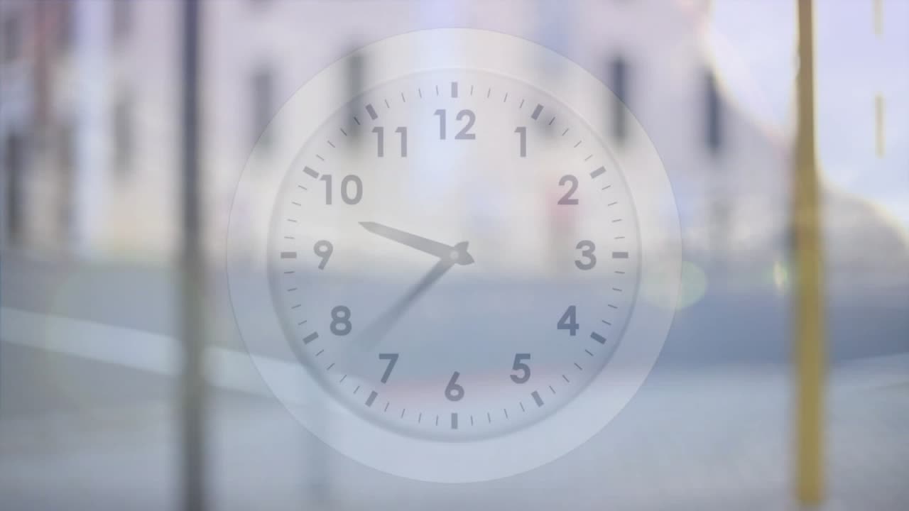 Blurred pedestrians crossing initiating clock overlay advancing time showing shift midday to dusk