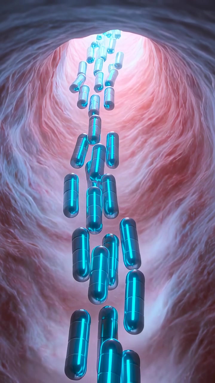 Video verticale: Capsule lucide ciano-blu che cadono ruotando lungo un tunnel rosa da un'apertura superiore.