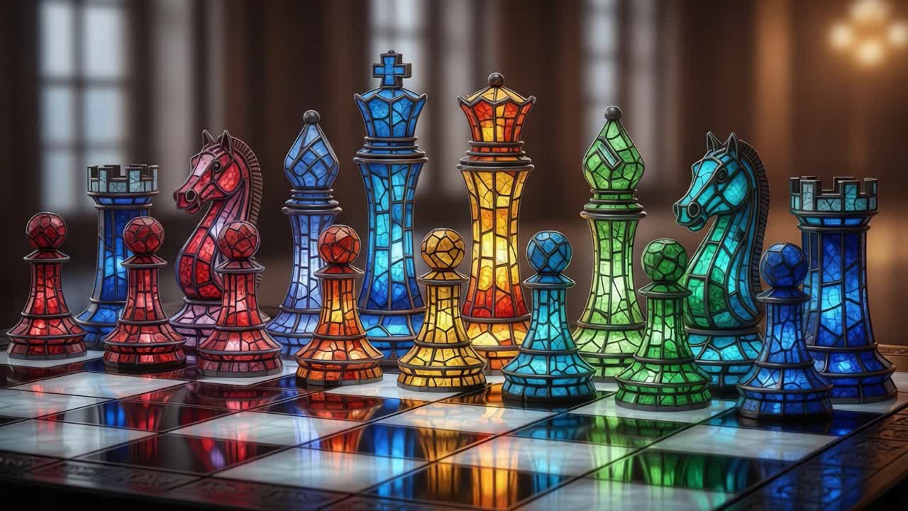 A Captivating Stained Glass Chess Set Showcasing Colorful Pieces on a Chessboard in a Luminous and Elegant Setting, Ideal for Strategy and Artistic Appreciation