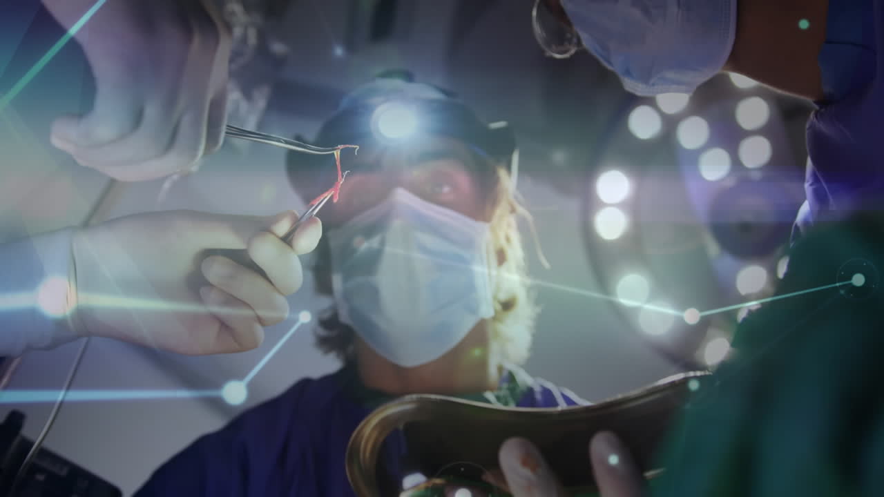 수술실의 외과 의사들 간의 연결 네트워크의 애니메이션