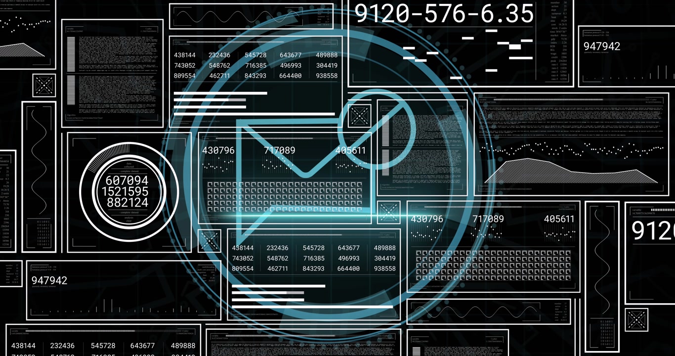 Animation of digital interface with data processing over black background