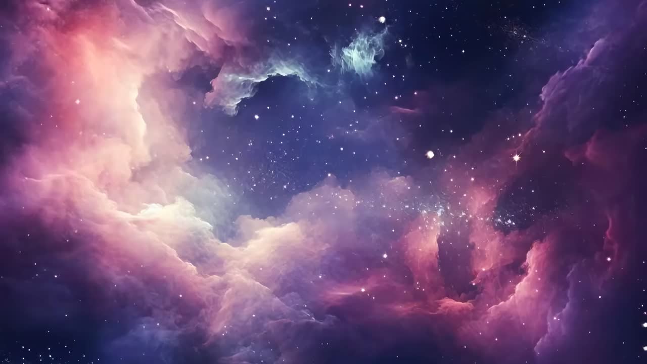 A mesmerizing cosmic scene with swirling purple nebulae and stars, captured from a wide-angle