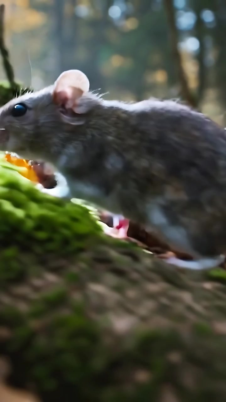 Video verticale: Un topolino annusa una ghianda, la afferra e poi si affretta sul suolo della foresta in cerca di cibo.