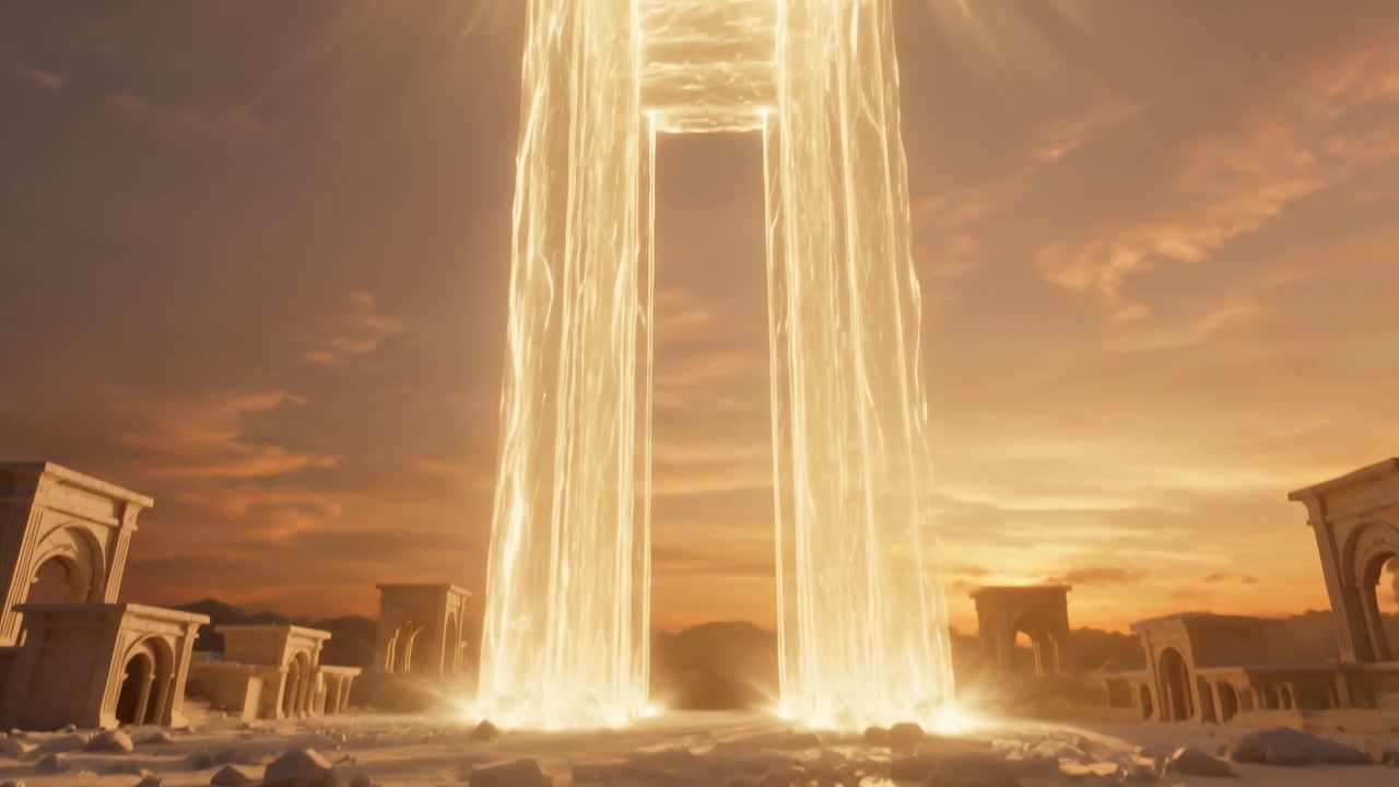 Faint gold streams rising, columns forming glowing gateway with rungs on sandy ruin plain, arches