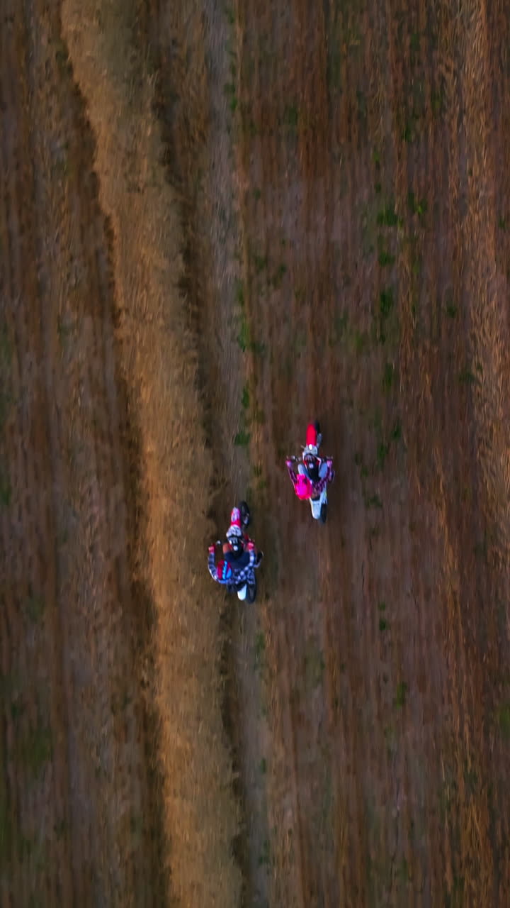 Motorbikes racing in the vast agricultural field. Young happy people ride motorcycles in agricultural plantation. View from top. Vertical video