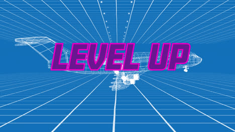 Animation-of-level-up-text-over-plane-model-on-blue-background