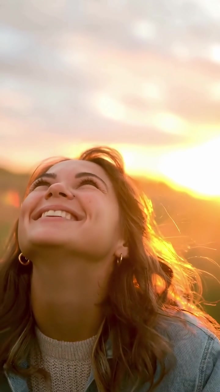 Jovem feliz sorrindo ao ar livre ao pôr-do-sol