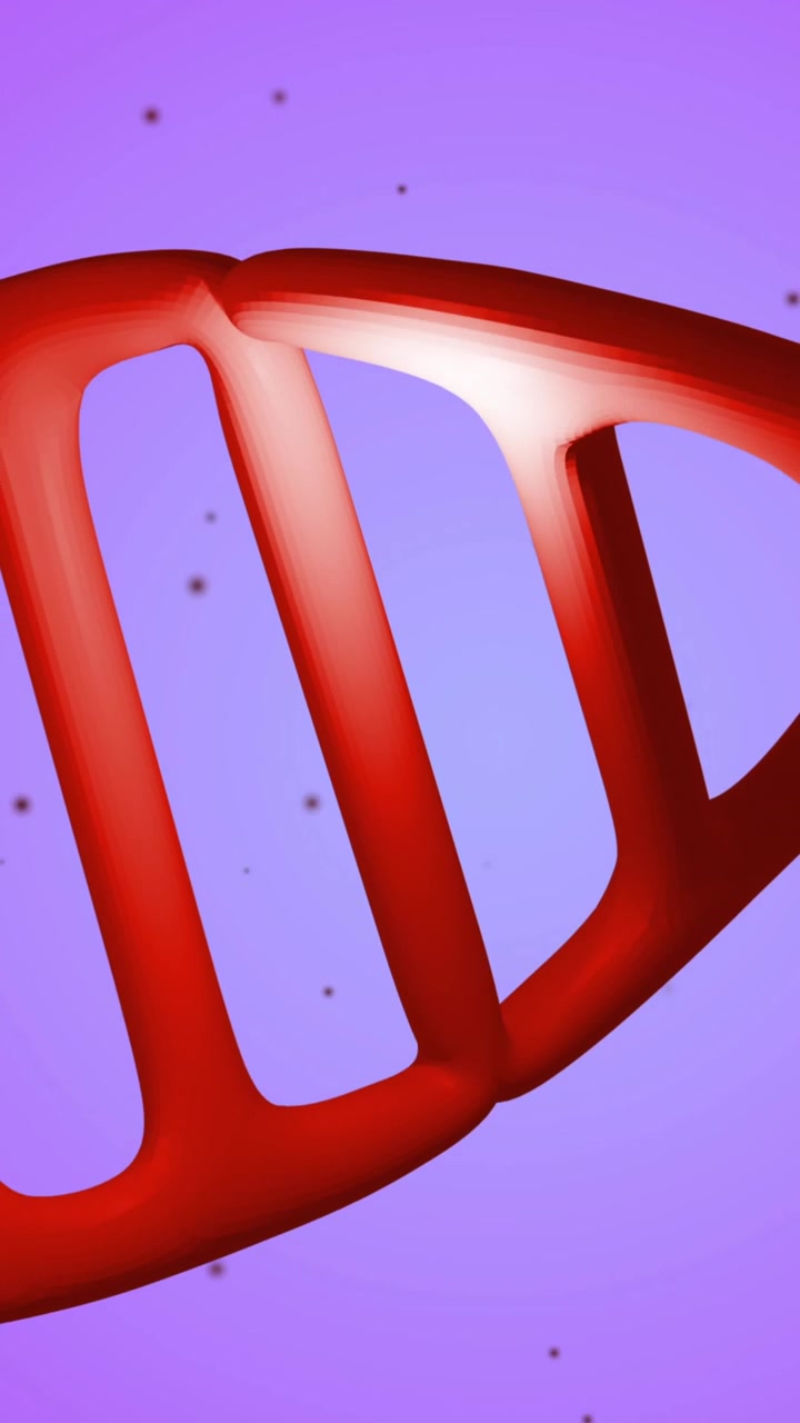 Animazione di macro filamento di DNA rosso che gira su sfondo viola.