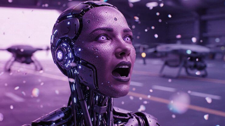 Sorprendente primo piano di un robot futuristico con espressione emotiva circondato da elementi tecnologici e droni in un ambiente ad alta tecnologia.