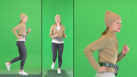 sporty european girl running in a street style outfit on a green screen, chroma key