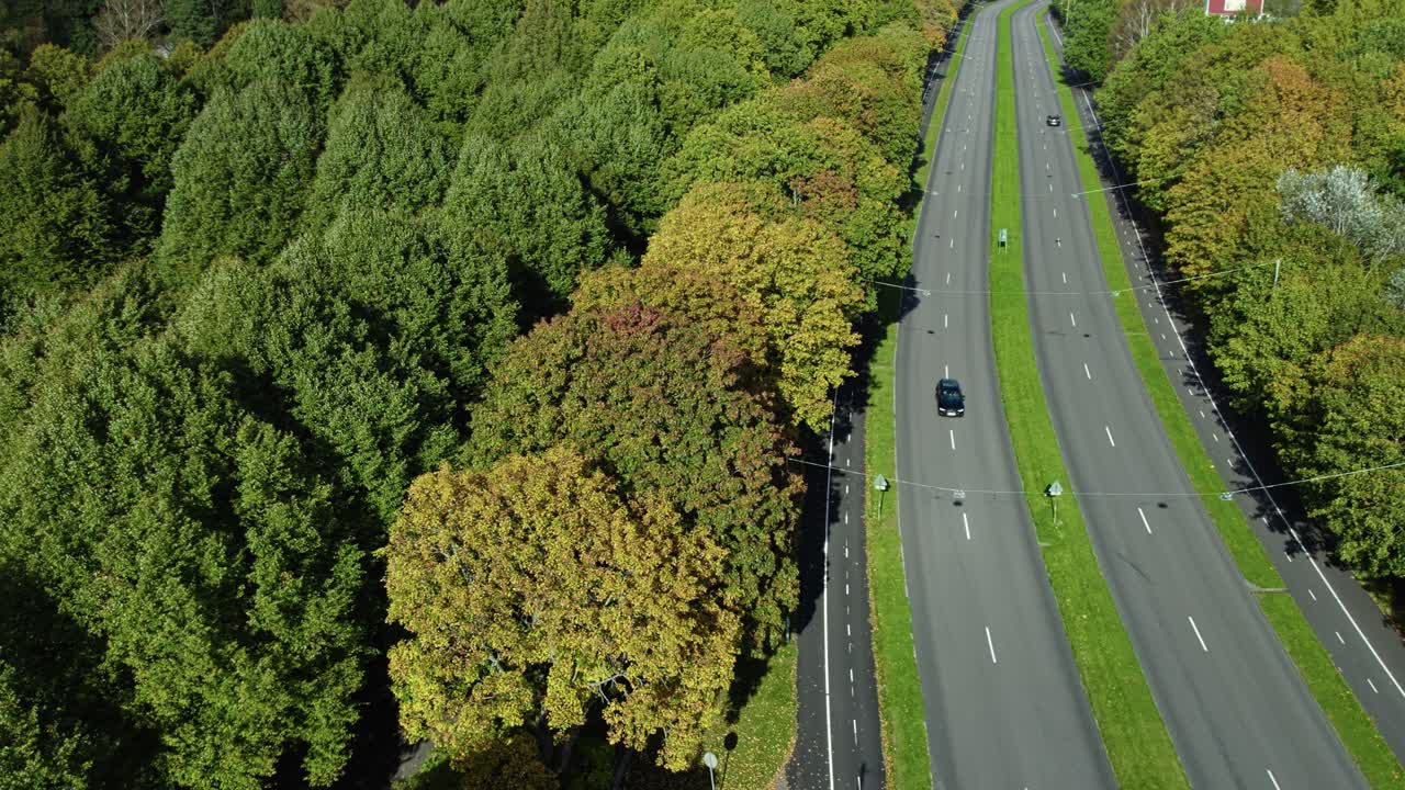 Drone aerial of highway cutting through vibrant autumn forest with colourful trees, capturing the beauty of fall travel and scenic road journeys
