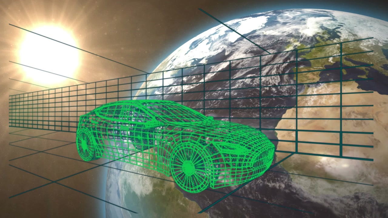 Animation of car project over globe and sun