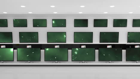 animation of rows of television sets in store with glowing screens with copy space