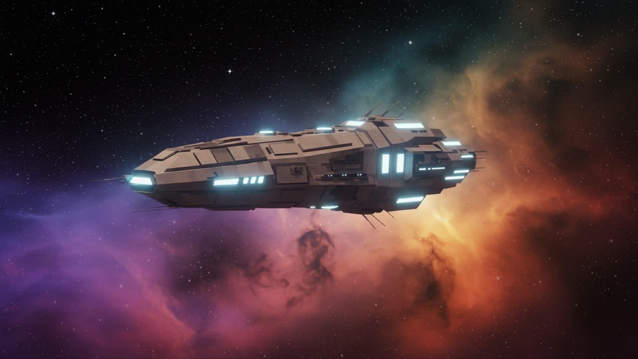 Et futuristisk rumskib glider gennem en kosmisk tåge, der fanger mystikken ved interstellare rejser og roen i det ydre rum i en betagende digital kunstscene.