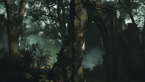 ancient stone archway surrounded by dense forest under misty twilight