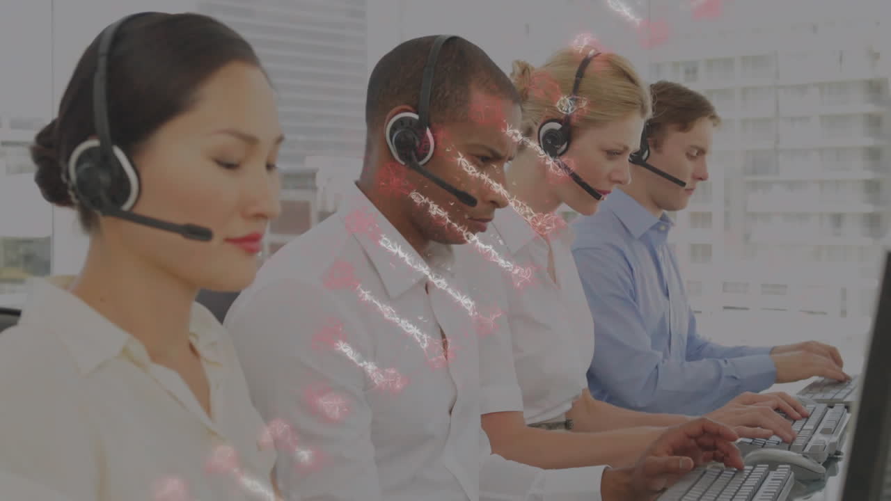 Dna structure against team of customer care executives wearing phone headset working at office
