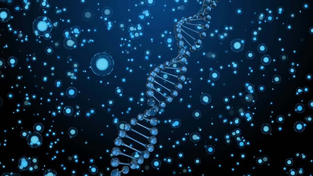 animación de adn sobre puntos azules en un fondo marino