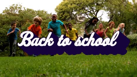 digital animation video of back to school text against group of kids running in the garden in backgr