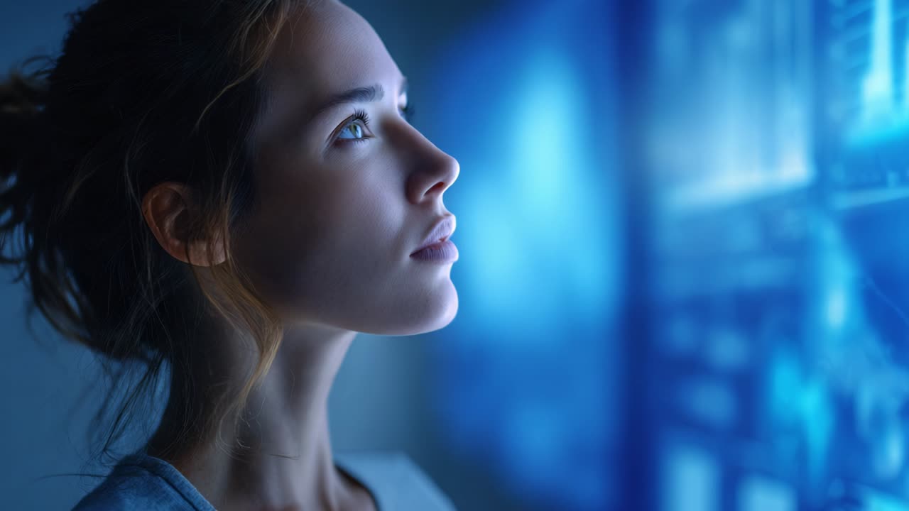 A woman looking at a futuristic digital screen