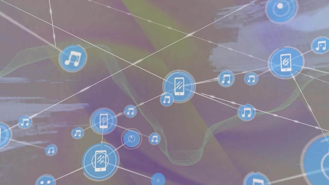 Animation of network of connections with icons over moving shapes on black background