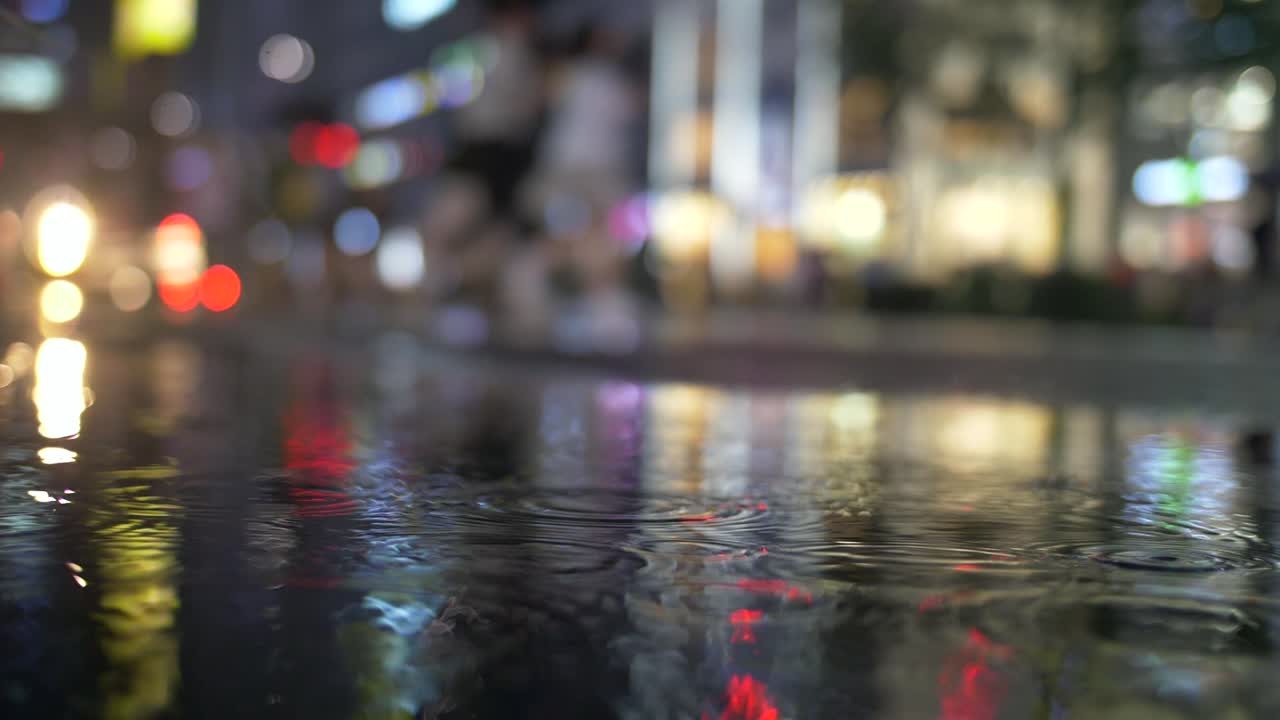 Slow Motion Raindrops in City Night