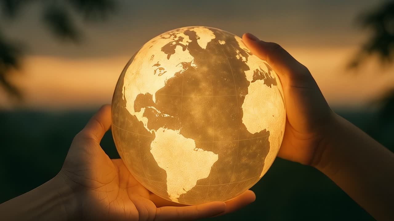 Two hands gently cradle an illuminated globe that highlights the continents of Earth. The warm glow of the globe contrasts beautifully with the vibrant colors of a sunset in the background. This uplifting moment symbolizes care for the planet and the interconnectedness of humanity. The image capture