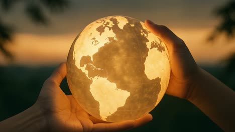 two hands gently cradle an illuminated globe that highlights the continents of earth. the warm glow of the globe contrasts beautifully with the vibrant colors of a sunset in the background. this uplifting moment symbolizes care for the planet and the interconnectedness of humanity. the image capture