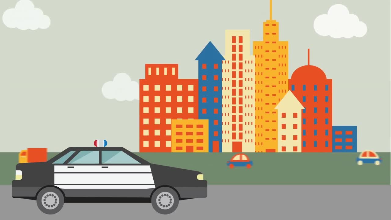 animación de un coche de policía sobre el paisaje urbano