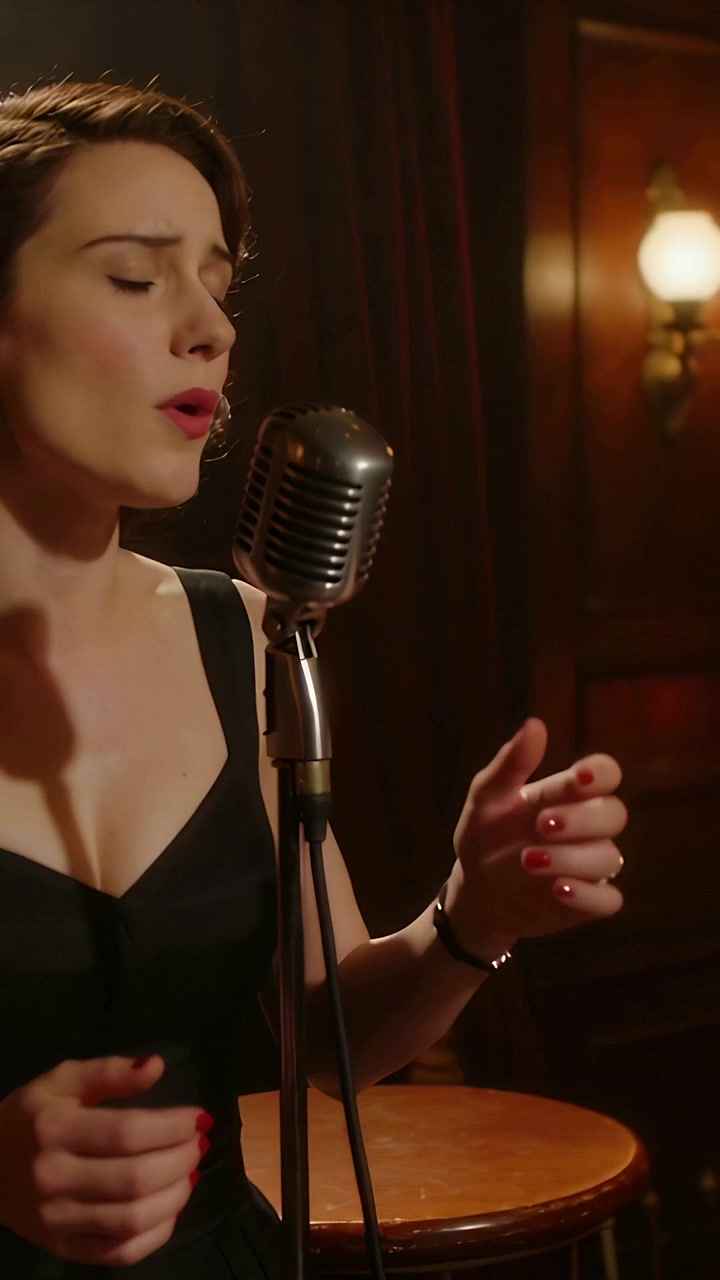 Video verticale: Inquadratura di donna in abito nero che canta, trasmettendo emozione in un salotto, con microfono vintage