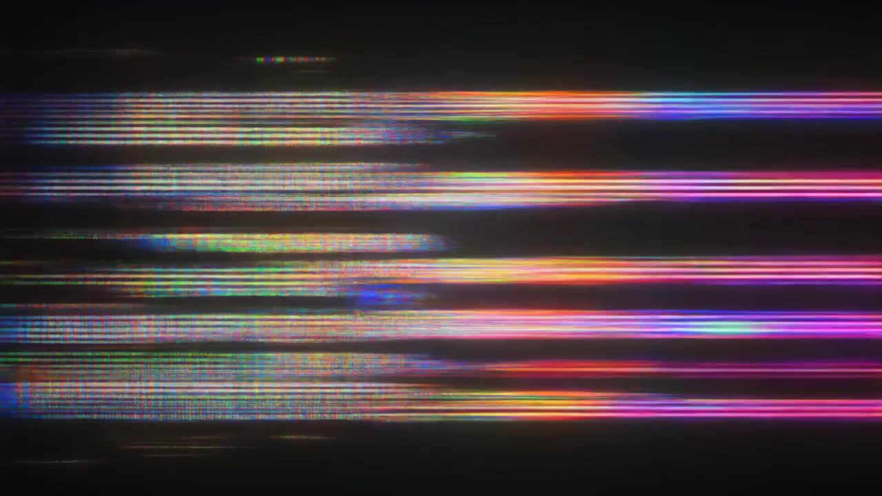 Digitaal glitch-effect met kleurrijke horizontale lijnen en ruis