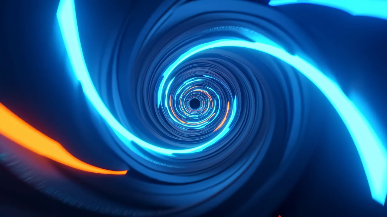 Neon Tunnel Swirling With Blue Orange Ribbons, Rotating Light Ribbons Create Highenergy Motion, Cyberpunk