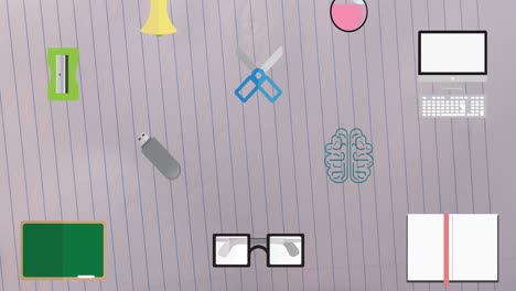 animación de los iconos de los artículos escolares que se mueven sobre un fondo blanco