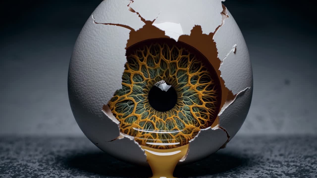 Cracked eggshell revealing mysterious eye, dripping golden yolk creating unsettling visual narrative exploring birth, transformation, and hidden biological symbolism