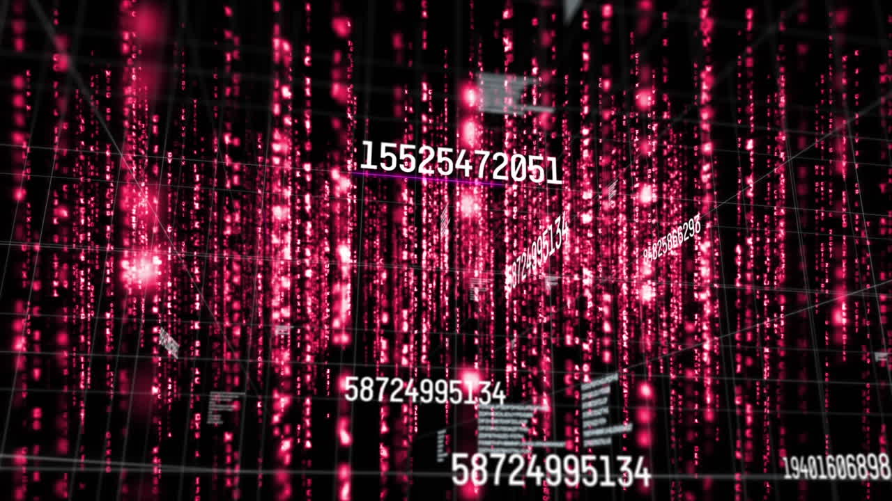 animación de números que cambian y procesamiento de datos sobre senderos de luz roja brillante
