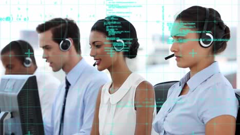 animation of data processing over business people using phone headsets