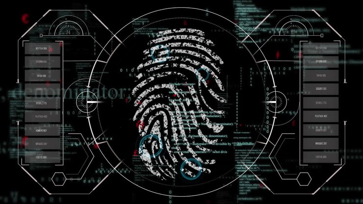 Animation af AI-databehandling over biometrisk fingeraftryk og mørk baggrund