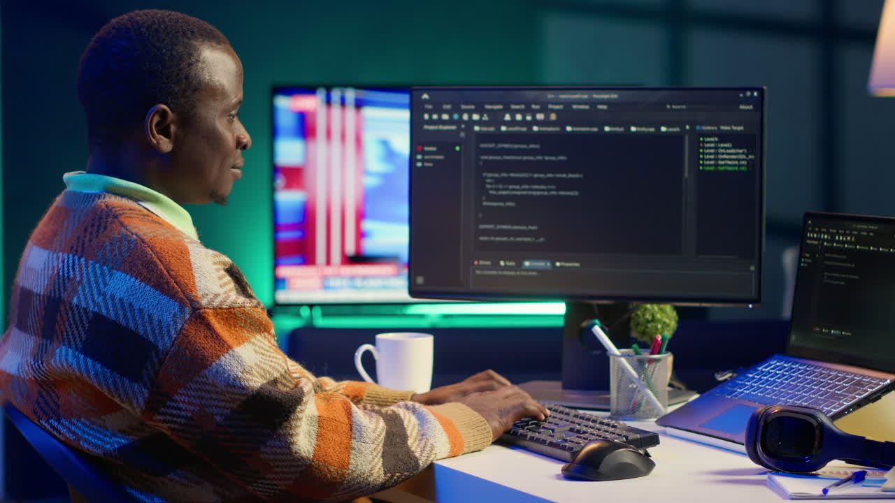 A programmer working on code at a desk