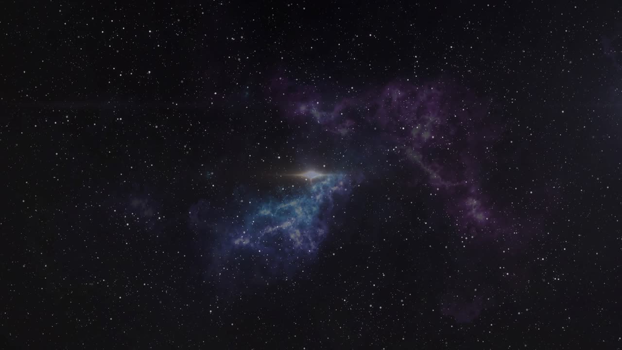 Deep-space nebula static until bright flash emerging causing flare then dimming revealing gas cloud