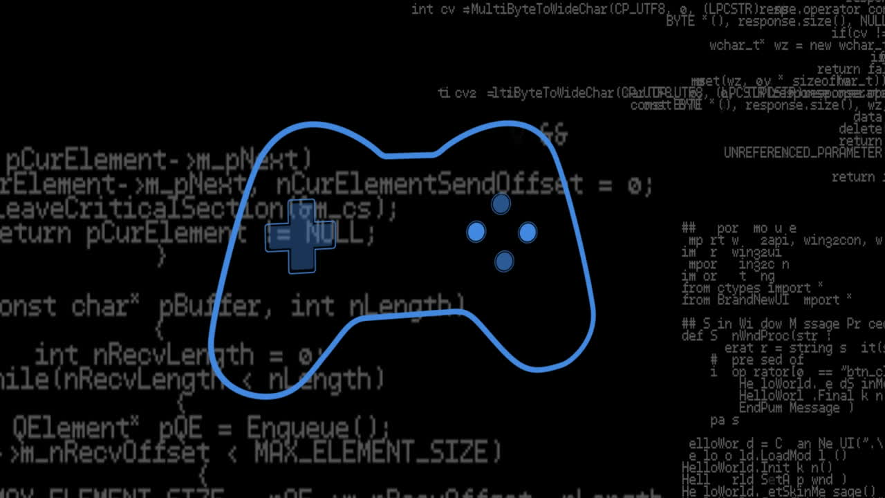 Animation of game pad over data processing on black background