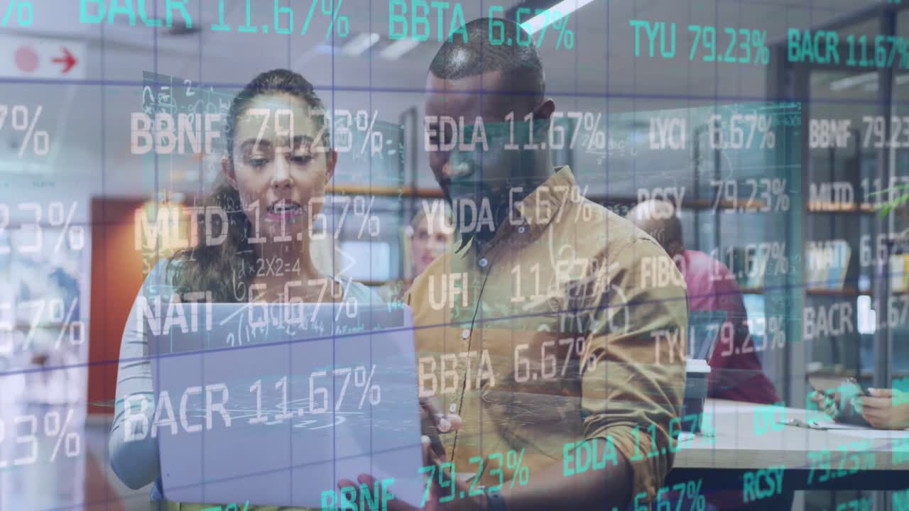 Animation of data processing over diverse business people in office